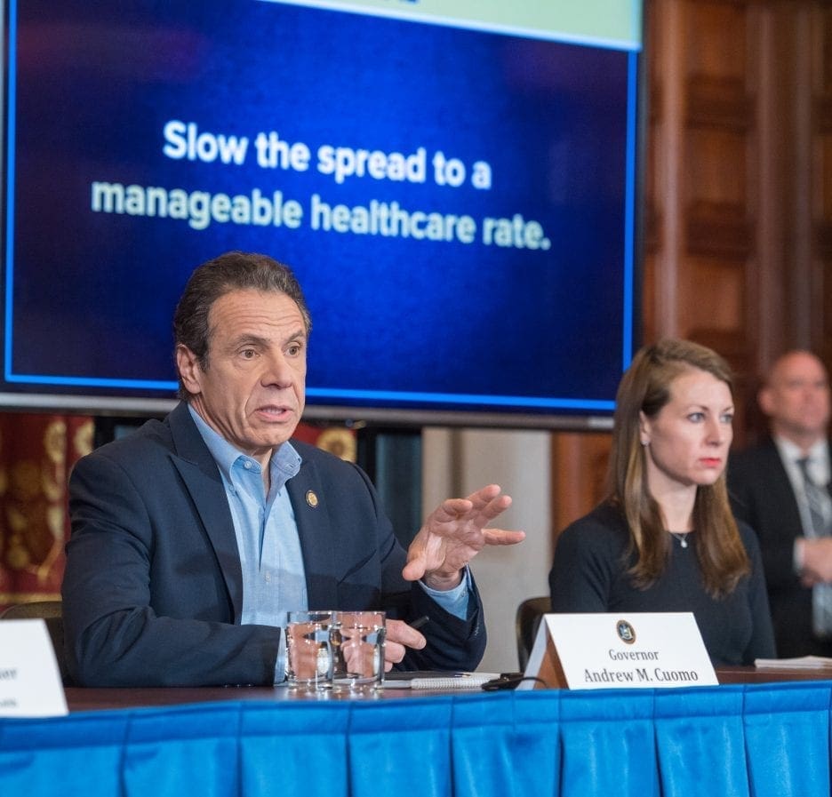 March 15, 2020- Albany, NY- Governor Andrew Cuomo holds a briefing on Coronavirus, Announces partnership with the states of New Jersey and Connecticut to have no gatherings of 50 people or more, Casinos, Gyms, Theaters, Restaurants and Bars to close at 8PM today, with exception of take-out, All to help reduce the curve of infected people needing hospitalization. Calls on Federal Government to adopt a Federal plan for states to follow and mobilize the Army Corp of Engineers to build medical capacity out of caution should the need arise. (Darren McGee- Office of Governor Andrew Cuomo)