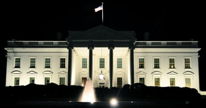 A photo of the north side of the White House at night by Kevin Burkett